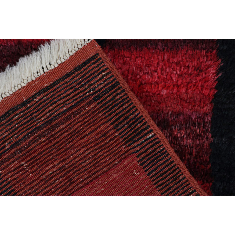 1950s Vintage Tulu Rug in Red/Black Geometric Pattern, Shag Pile