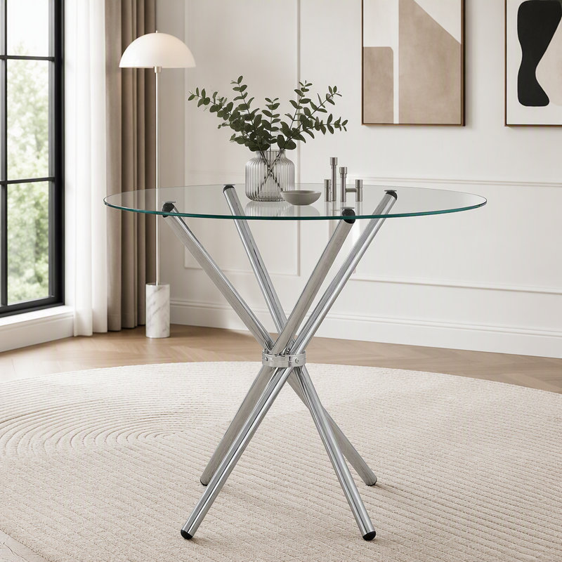 Table de salle à manger ronde en verre avec pieds en métal en forme d'anneau, Argent / transparent
