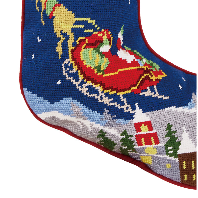 Santa and Reindeer Embroidered Christmas Stocking with Velveteen Backing