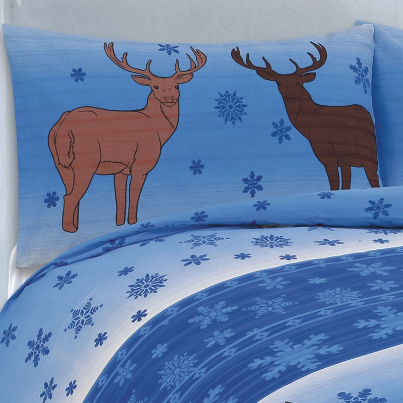 Christmas Fawn Reversible Duvet Cover Set, King, Blue