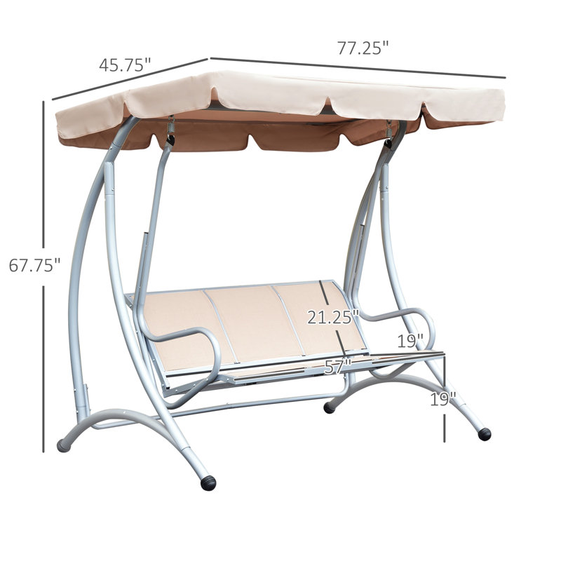Balancelle de véranda d'extérieur beige avec auvent réglable et structure en acier - Patio pour 3 sièges pare-soleil