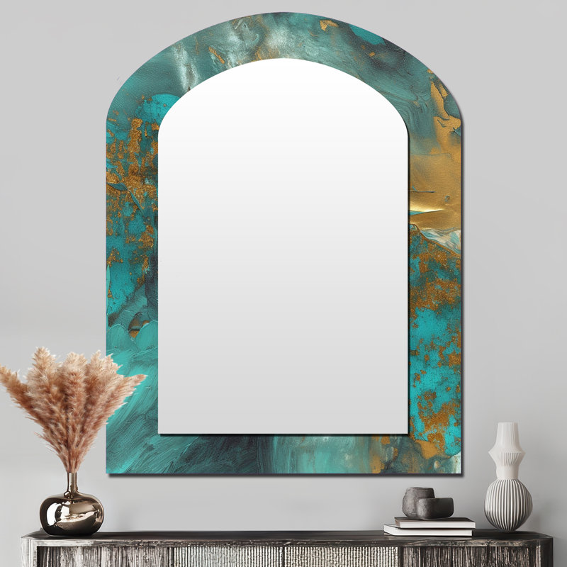 Golden Sunshine Wild Turquoise River Abstract IV - peinture abstraite arche, miroir mural unique, miroir asymétrique moderne, impression sur métal