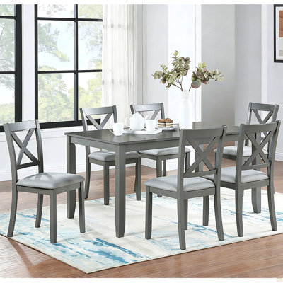 7-Piece Solid Wood Dining Table And Chairs Set, Modern 58.5 Inch Table With 6 Padded Chairs (X-Back Style) For Kitchen, Dining Room, Grey