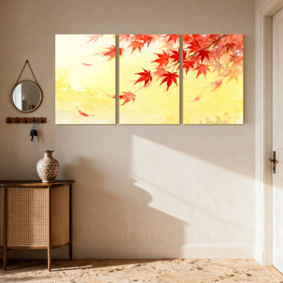 Birds Autumn Leaves Falling On Yellow Background Set of 3 Canvas Wall Art Prints