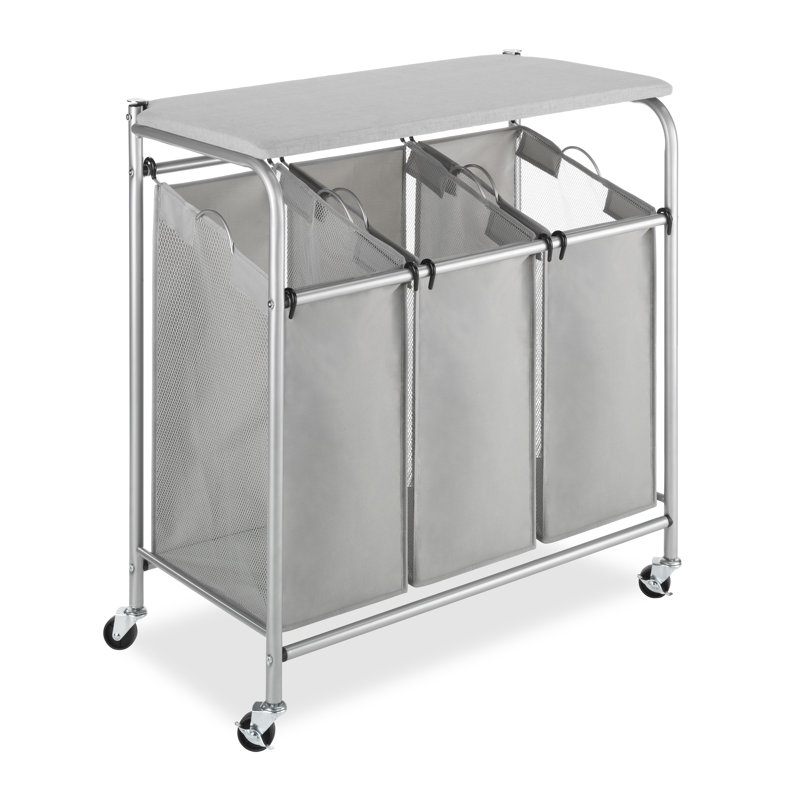 Chrome and Gray 3-Section Rolling Laundry Sorter with Folding Station