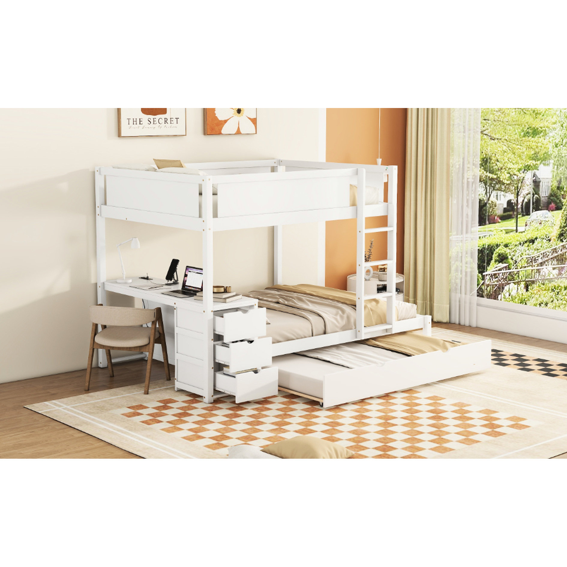 Latitude Run Bunk Bed With Desk And Twin Trundle Storage In White 
