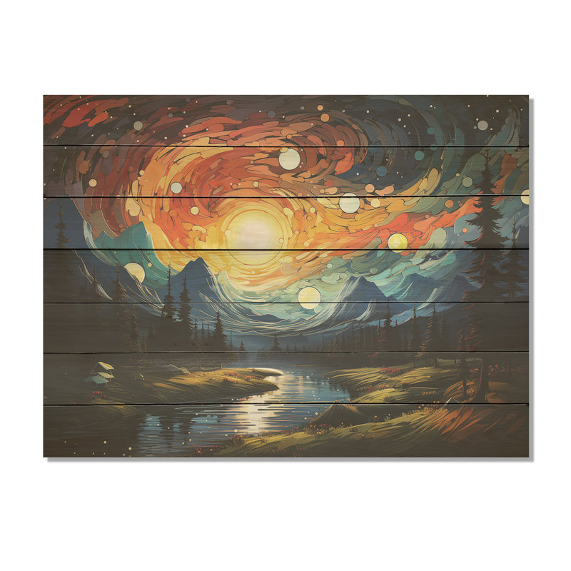 Yellow Mountain Moon Galatic III - Forest And River On Wood Print, 24" H x 32" W x 0.78" D