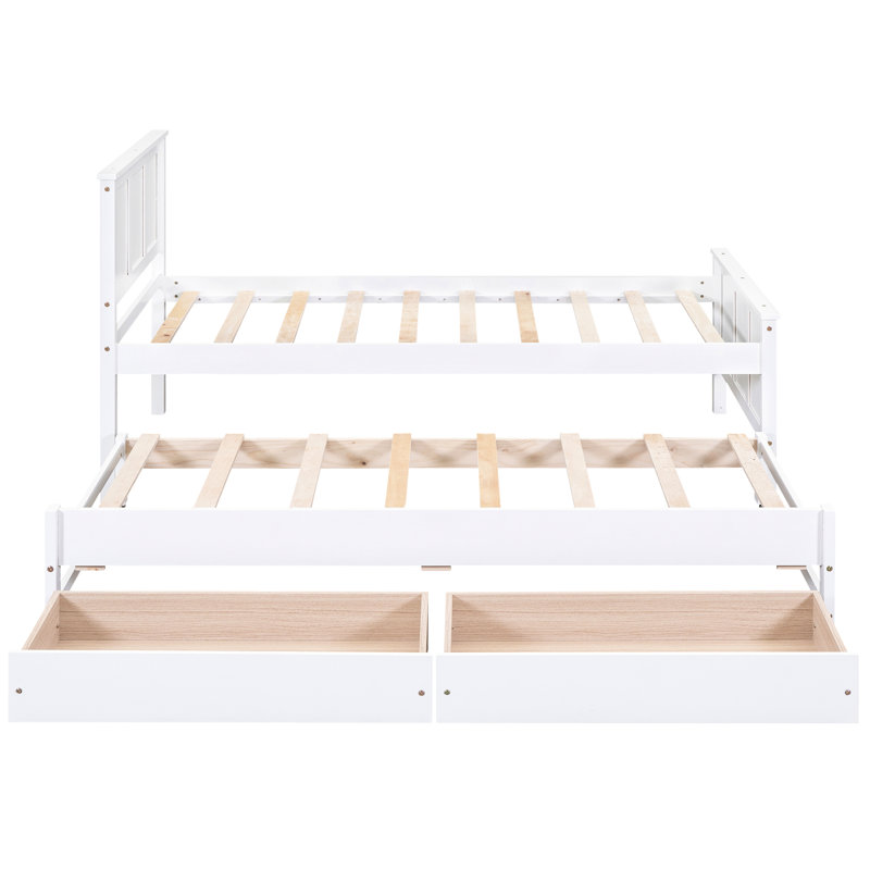 White Twin Size Bed With Trundle And Storage Options - Stylish Practical For Bedroom Decoration Platform In Drawers Pine Wood, Enhances Decor Functionality