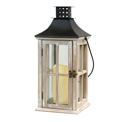 Lanterne blanche en bois délavée avec toit noir et bougie à piles
