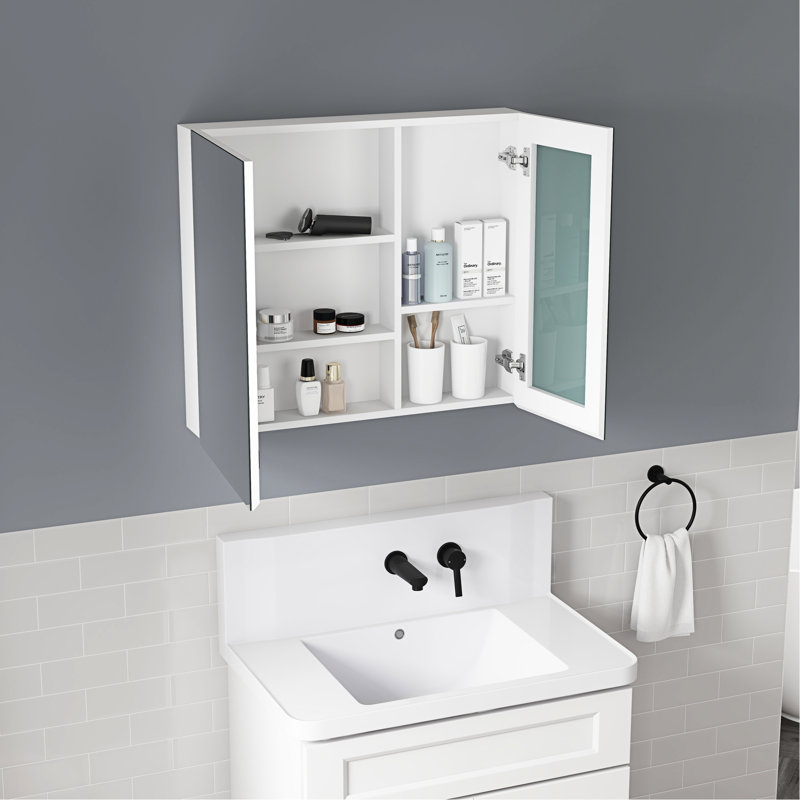 Armoire à pharmacie pour salle de bain à bords biseautés H 30 po x l 26 po, miroir haute définition, bois d'ingénierie blanc, charnières à fermeture douce et structure de rangement