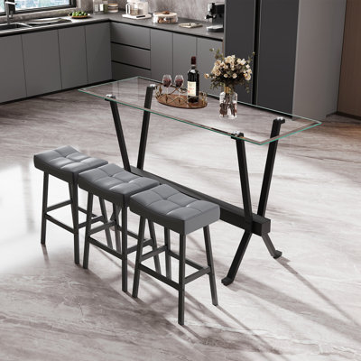 Ensemble de table de bar et de chaises 4 pièces, 1 table + 3 chaises, plateau en verre trempé, siège en similicuir gris, structure en métal noir, style industriel moderne