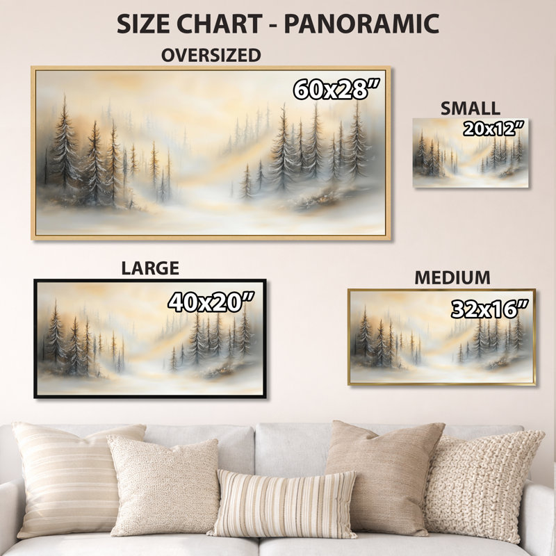 «Yellow Grey Ghost Mist Ridge Pines II - Moody», reproduction d'art sur toile brumeuse, Wrapped Canvas, H 16 po x l 32 po