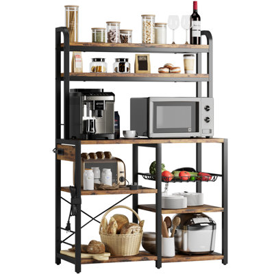 Bakers Rack with Power Outlet, 6 Tier Kitchen Storage Rack with Hutch, Buffet Table with Wire Drawer