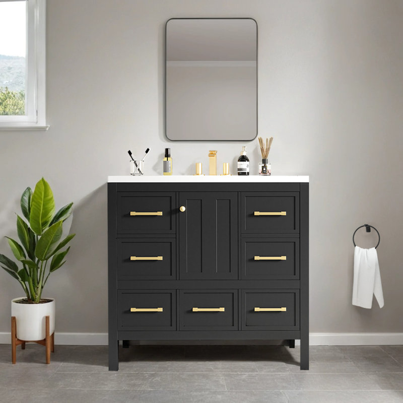 Meuble-lavabo simple 36 po avec plateau en résine, Noir, noir, noir, noir