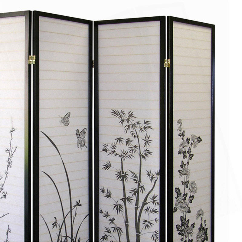 Cloison 70 pouces à 4 panneaux de hauteur / motif floral avec finition noire