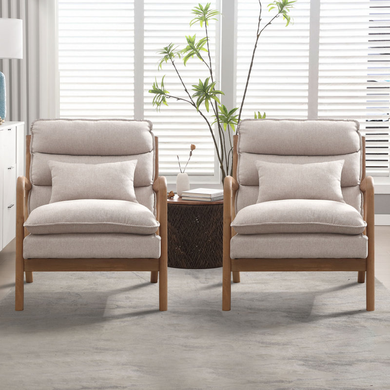 65.5cm Wide Modern Solid Wood Frame Upholstered Armchair with Lumbar Support Pillow, Beige 