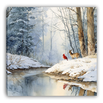«Cardinal by the Winter Creek», art mural sur toile tendue
