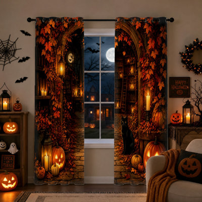 Lot de 2 rideaux occultants sur le thème d'Halloween, motif automnal effrayant, isolation thermique et réduction du bruit, rideaux en velours occultants avec chat, citrouille et arche de pleine lune, pour chambre, salon et décoration intérieure.