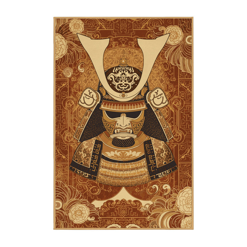 Soft Plush Dunton Samurai Helmet Ornate Traditional Oriental Area Rug in Brown – LightBrown Binding, 4x6