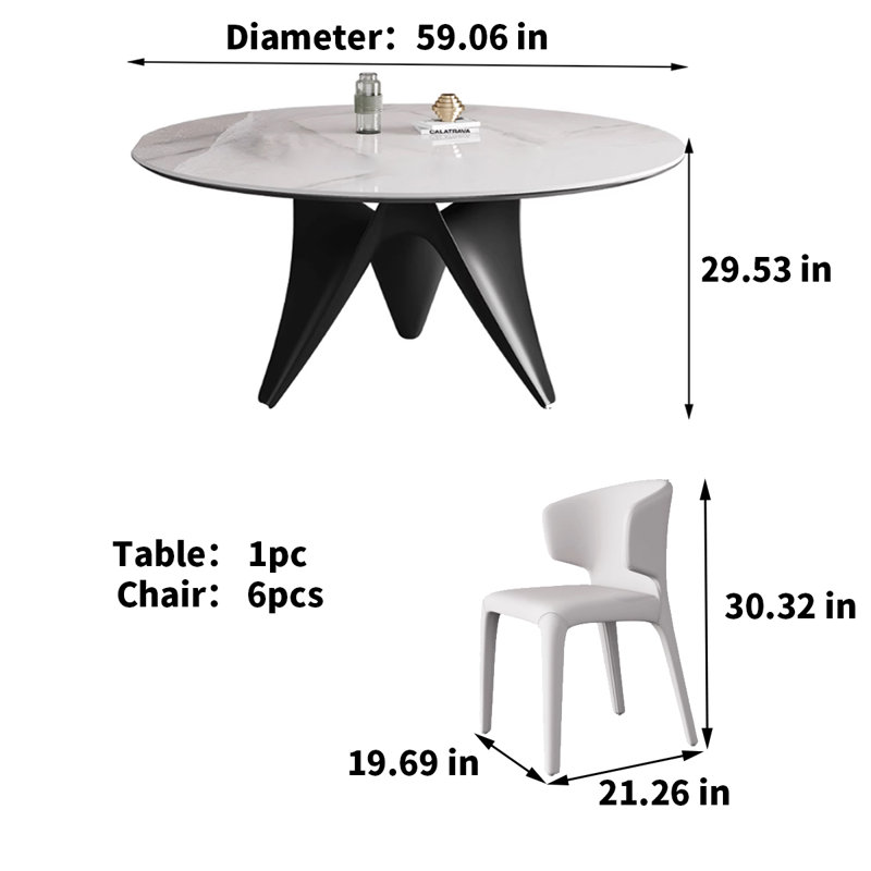 Modern Simple Sintered Stone Dining Table 6 - Person Pedestal Dining Set, 29.53"H x 59.06"L x 59.06"W