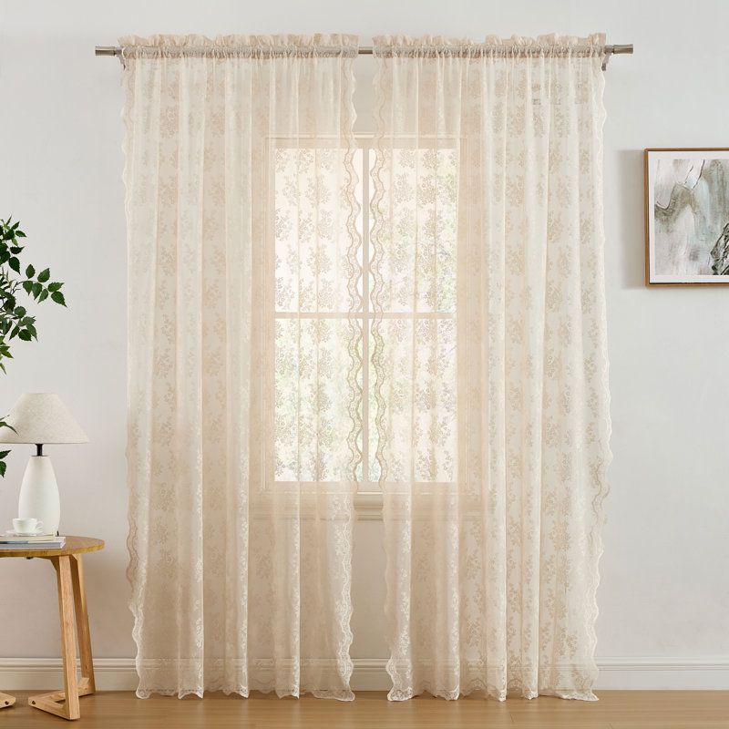 Palomares Floral Soft Decorative Lace Semi Sheer Light Filtering Rod Pocket Window Treatment Curtain, Linen Taupe