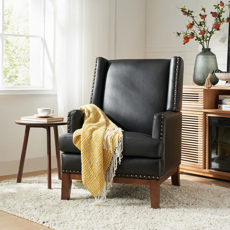 Ariston Genuine Leather Wingback Club Chair with Solid Wood Leg, Black