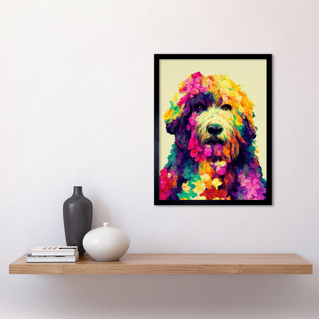 Vibrant Floral Labradoodle Dog Portrait - Single Picture Frame Print