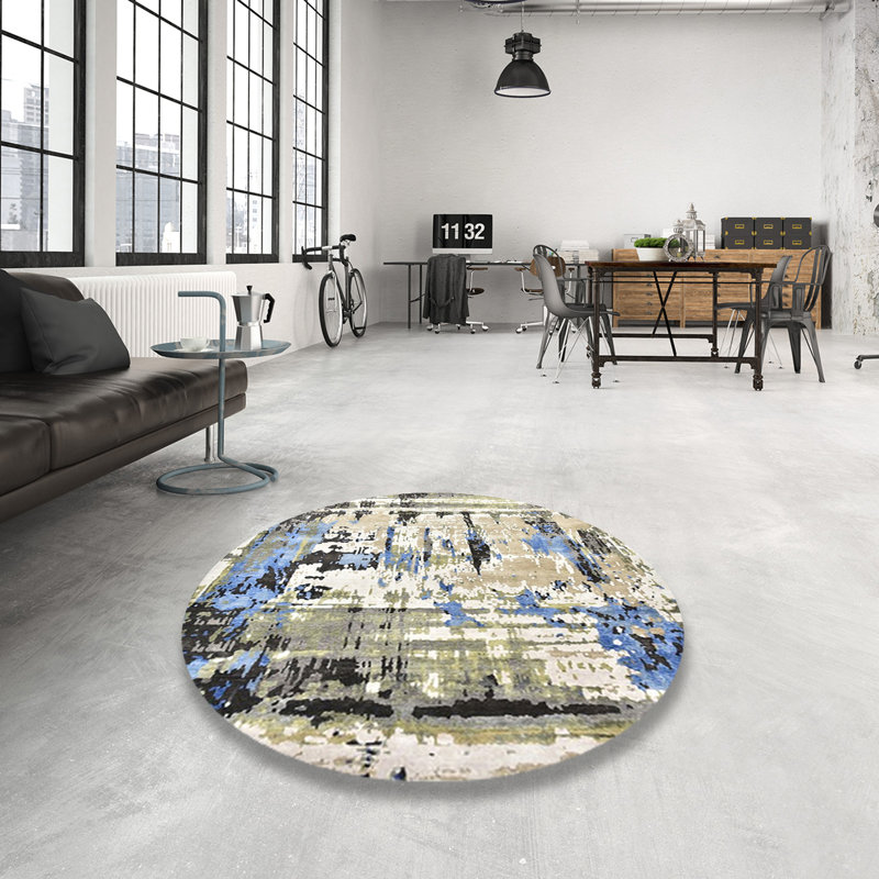 Tapis abstrait bleu / vert / beige, Rond 8 pi