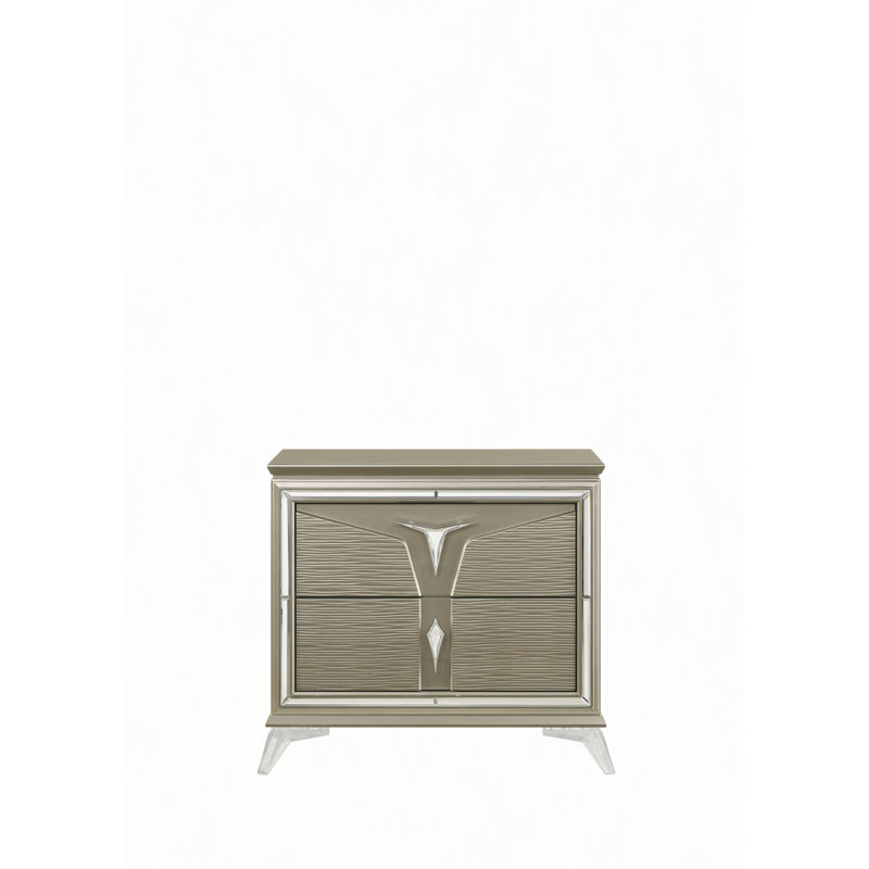 Table de chevet, table de chevet 2 tiroirs en bois et accents en miroir