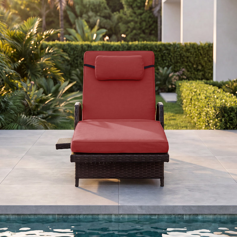 2 Piece Outdoor Wicker Chaise Lounge Set Adjustable Pool Lounge Chairs with Cushions and Built-in Side Table, Red