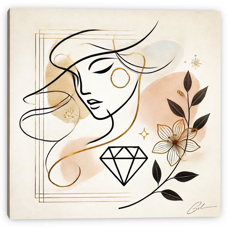 «Abstract Muse», art mural sur toile - Silhouette féminine avec accent de soleil doré, H 40 po x l 40 po