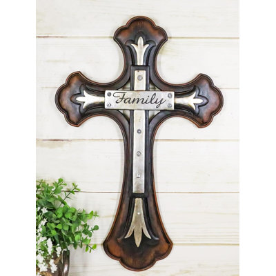 Large 19" H Faux Wooden Family Fleur De Lis French Lily Motif Wall Cross Décor