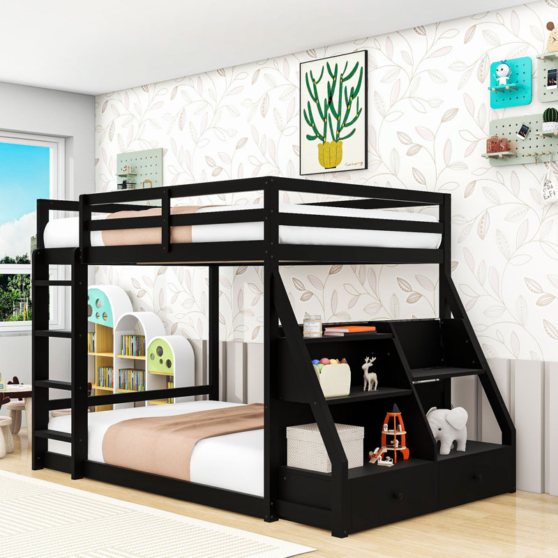 Full over Full Wooden Bunk Bed with LED Light Strip, Shelves, Charging Station and Drawers, Black