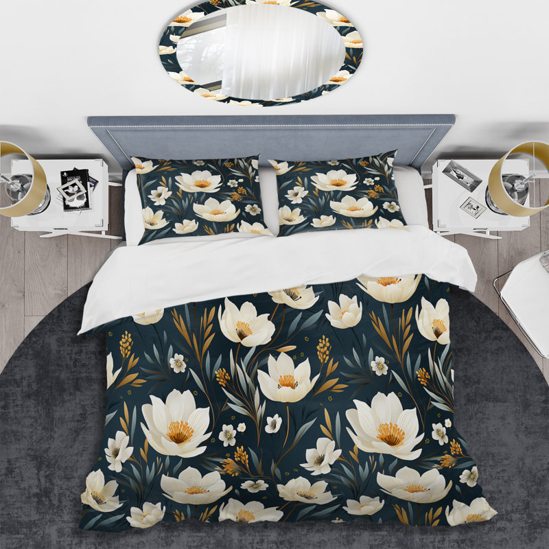 Ensemble de housse de couette ivoire à motif floral serein, Housse de couette pour très grand lit et 2 très