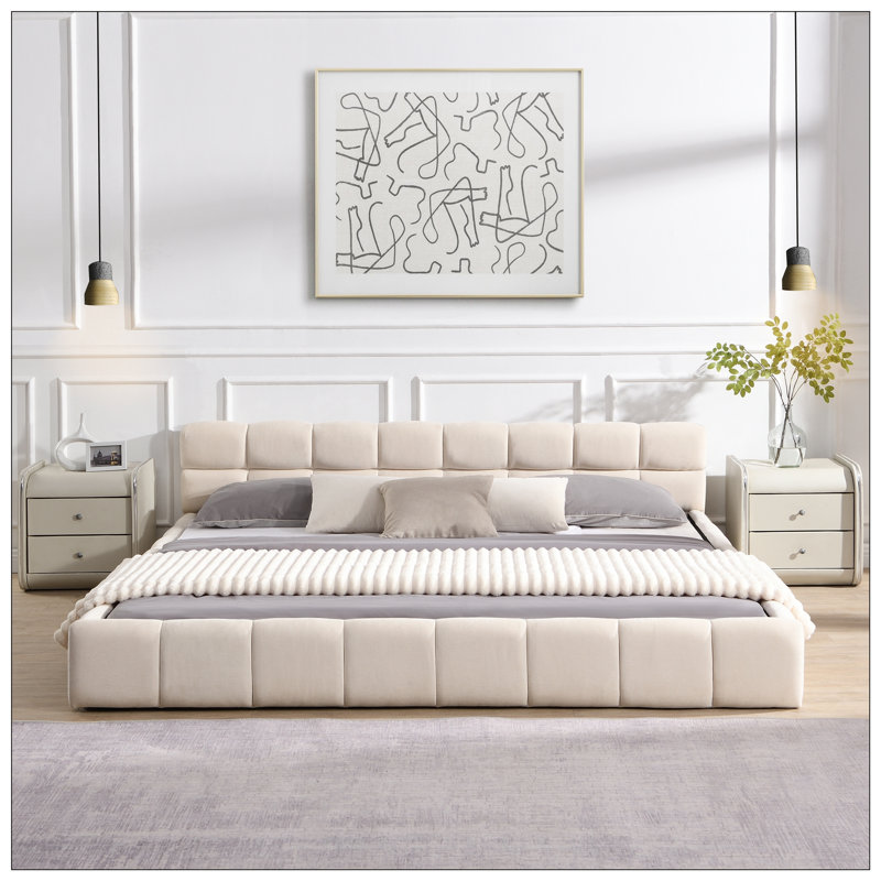 Justice Elegant Chenille Upholstered Bed with Checkerboard Design, King, Beige