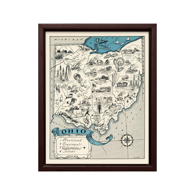Carte de l'Ohio, Canvas, 08"H x 10"W, Brown Framed