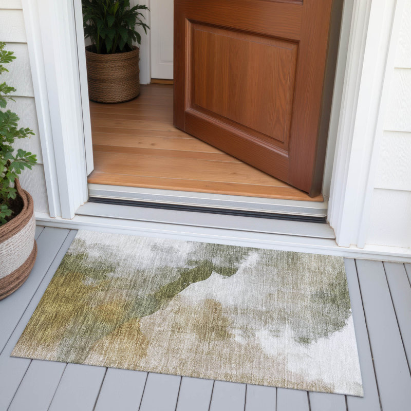 Machine Washable Indoor/Outdoor Xhevrie Green Rug, Rectangle 1'8" x 2'6"