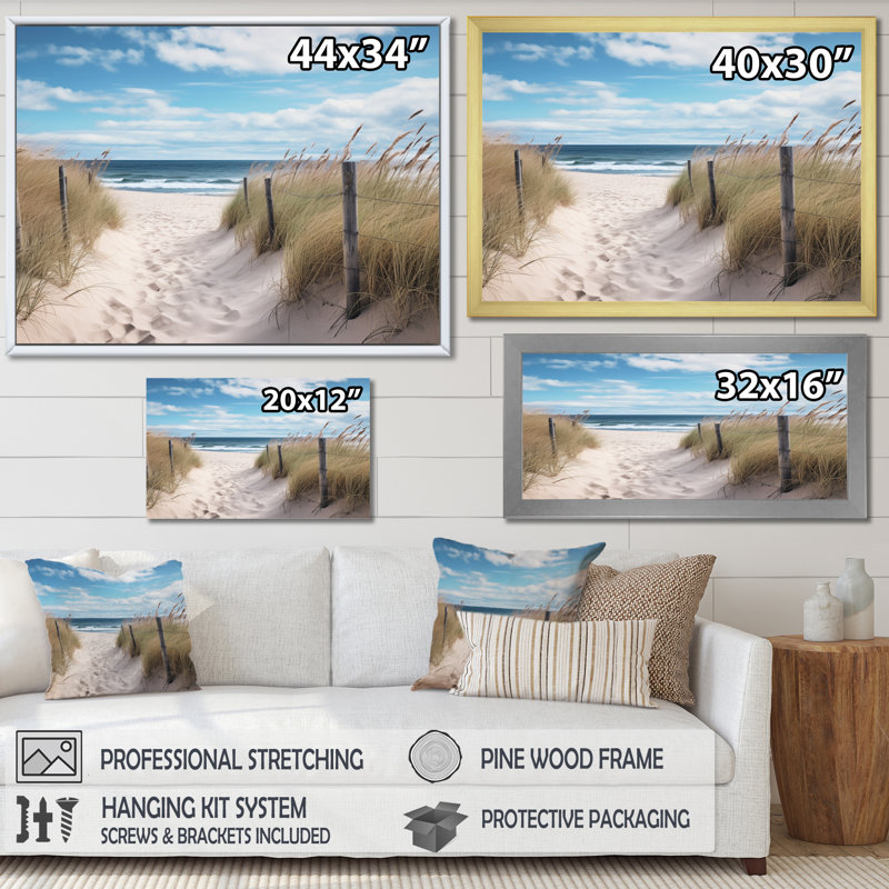 Tranquility Path To Dune Beach VI - art de toile de plage côtière, Cadre simple blanc, H 16 po x l 32 po x P 1 po