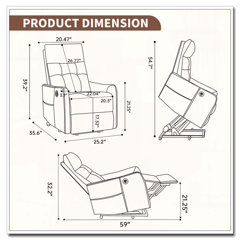 Power Lift Recliner Chair with Massage and Heat for Elderly, Heavy Duty Motion Mechanism and One USB for Charging, Brown