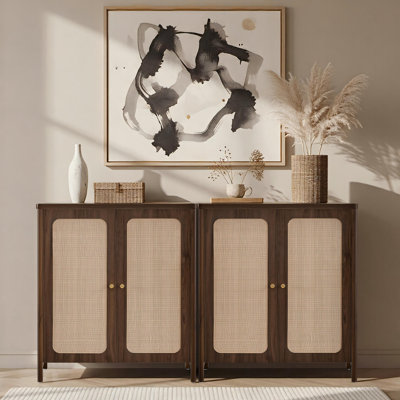 Buffet moderne l 63 po avec portes en rotin et tablettes réglables (ensemble de 2)