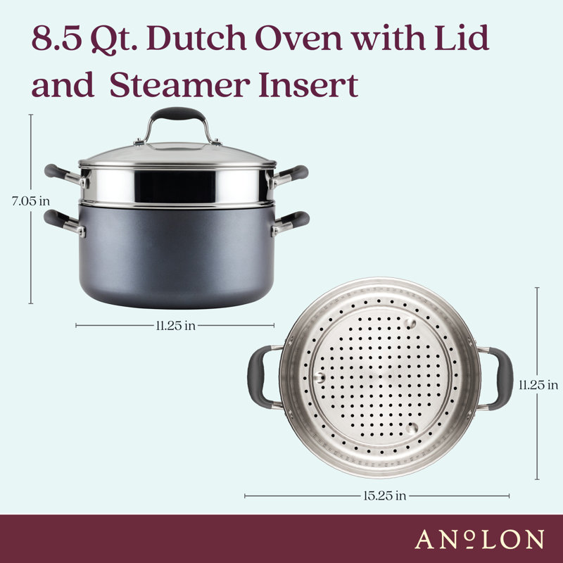 Anolon Advanced Home Hard Anodized Nonstick Wide Stockpot With Steamer Insert Set, 3-Piece,  8.5-Quart, Gray