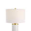 Lampe de table, abat-jour tambour en lin, base en céramique blanche avec accents dorés, 26 po