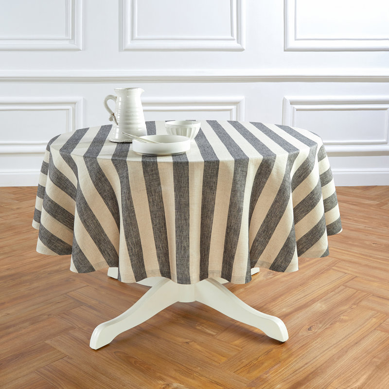 Cabana Stripe - 100% Pure Linen Round Tablecloth, Black and Natural, 70" Round