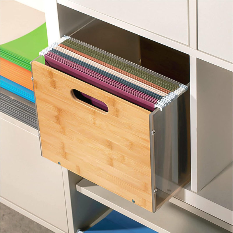 Clear Acrylic File Box Organizer, Bamboo Hanging Folder Storage Boxes,Clear, Natural