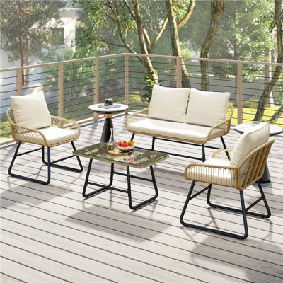 4-Piece Patio Furniture Conversation Set with Boho Table & Loveseat & 2 Conversation Chairs
