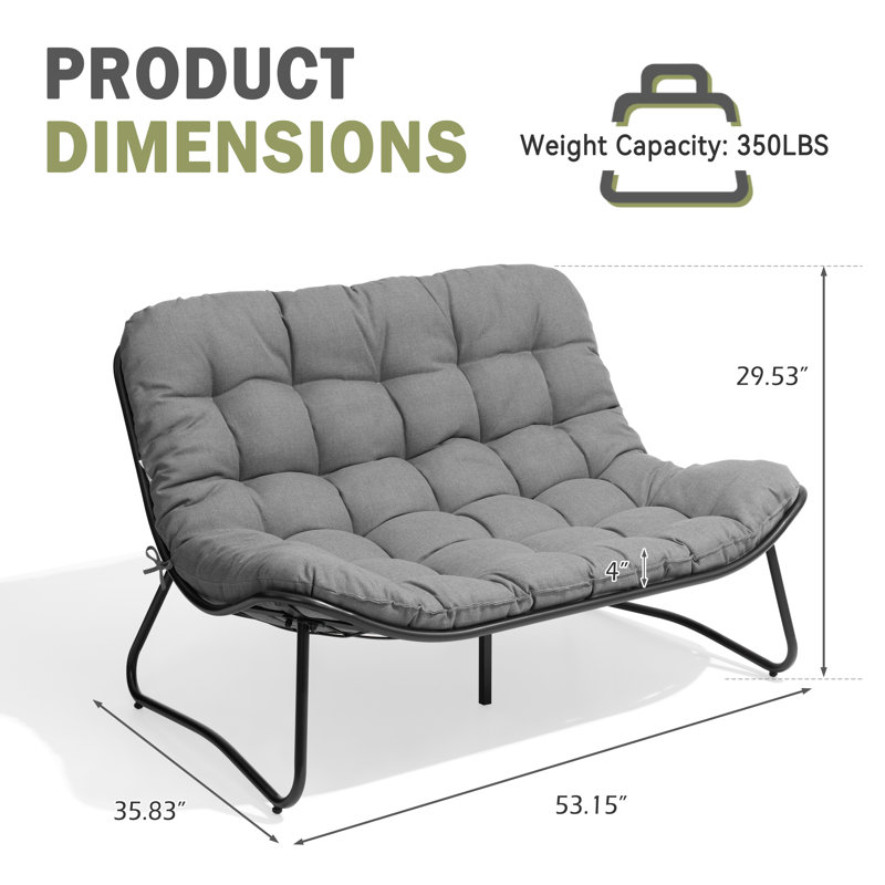 53.15" Wide Metal Patio Loveseat With Cushion, Gray