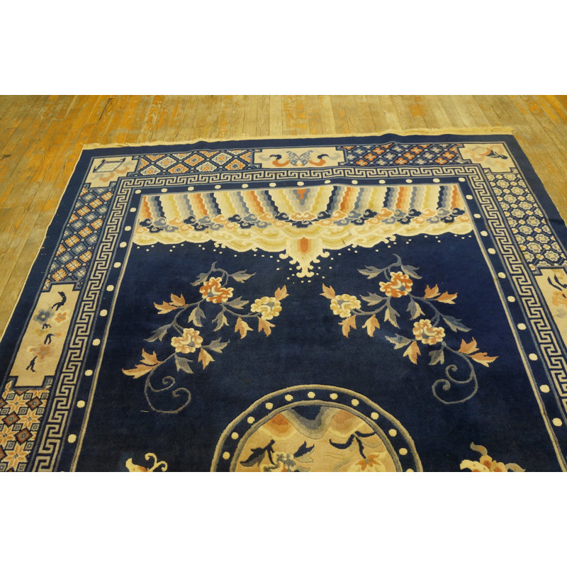 Hand Knotted Pile Wool Antique Blue Ivory Beige Cream White Rectangle 1920s Rug