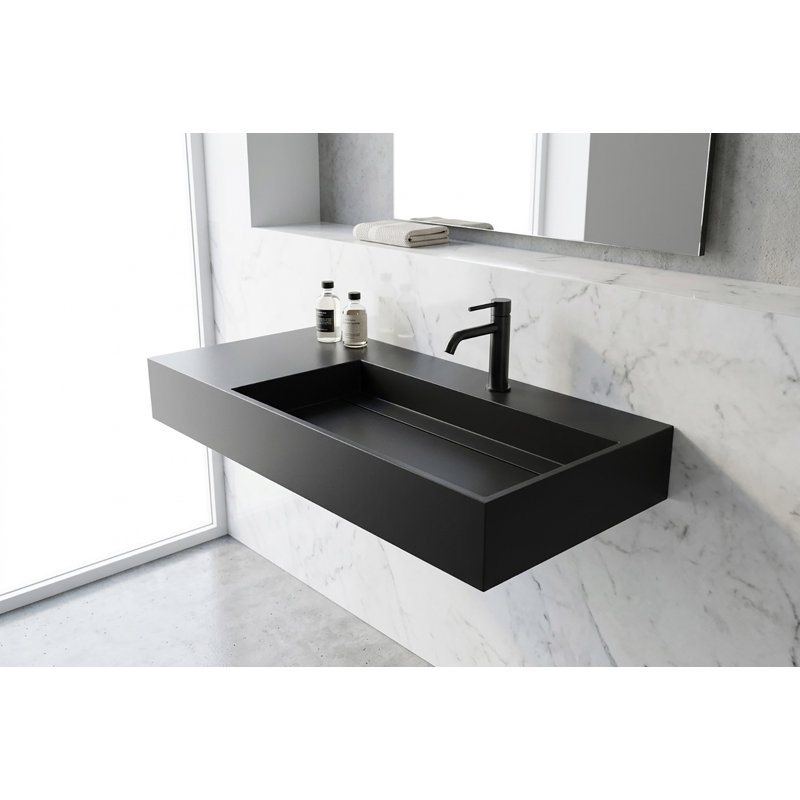 Lavabo de salle de bain mural rectangulaire 36 po avec drain dissimulé Juniper - noir, avec trou pour robinet, Noir, Simple