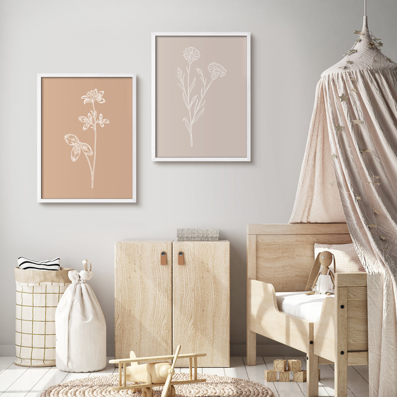 «Beige Brown Wildflowers», reproduction d'art moderne encadrée, affiche, salle de bain, petit art mural, Blanc / Blanc
