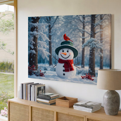 Canvas A Cheerful Snowman Stands In A Serene Winter Landscape Adorned Wall Art With A Wide Brimmed Green Hat And A Vibrant Red Canvas Wall Art